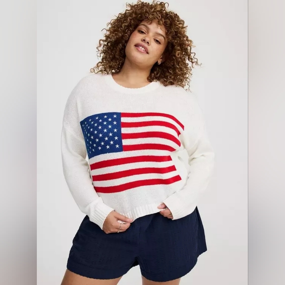 TORRID White Crewneck Sweater with Red White & Blue  American Flag Graphic - Picture 8 of 14
